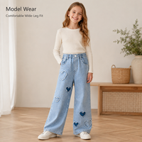 Jeans à jambes larges pour filles avec patch cœur, bleu clair délavé, taille haute, coupe ample, pantalon décontracté en denim, vente en gros B2B OEM ODM
