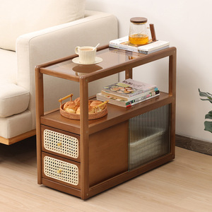 Meuble d'appoint de canapé en bois massif avec plateau en verre et étagères de rangement avec tiroirs, mobilier de salon - Product Image 3
