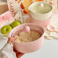 Bol à ramen et soupe en céramique de style coréen inspiré d'Instagram avec couvercle et cuillère, compatible micro-ondes, design minimaliste pour dortoirs étudiants