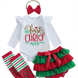 Mobbdow <span class=keywords><strong>Mon</strong></span> premier Noël <span class=keywords><strong>Tenue</strong></span> pour bébé fille Nouveau-né Combinaison à volants à manches longues Jupe tutu Guêtres Bandeau Ensembles en coton mélangé - Product Image 1