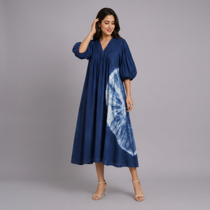 Vestido largo informal de algodón con efecto tie-dye índigo, cuello en V, mangas abullonadas, estilo caftán, para mujer, ropa de playa de verano, venta al por mayor. - Product Image 1