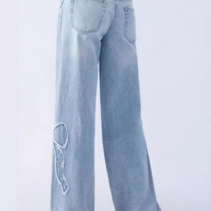 Jeans de Mujer OOTD, Cómodos, de Cintura Alta, Rectos, con Lazo Bordado, Nueva Moda, Transpirables, Estilo Casual para Verano - Product Image 3