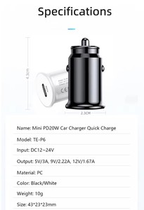 20W <span class=keywords><strong>usb</strong></span>-<span class=keywords><strong>c</strong></span>车载充电器，带PD快速充电5V/3A输出，用于手机耳塞摄像头和智能手表点烟器适配器 - Product Image 6