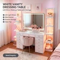 Ensemble coiffeuse moderne en MDF avec 9 tiroirs, grand rangement, éclairage LED, rose, pour chambre de princesse, salle de bain, salon, hôtel