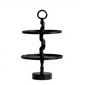 Plateau de service élégant noir à deux niveaux avec pied torsadé, support à gâteau, présentoir à desserts et fruits, décoration événementielle - Product Image 1