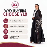 Abaya noire OEM semi-transparente avec motif floral doré, manches longues, pour femmes musulmanes, taille personnalisée
