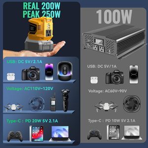 Inversor de Corriente Portátil de 200W para Batería de 20V DC, 20V AC, 110V, 1 Salida AC, 2 USB Tipo-C, Luz LED, Emergencia al Aire Libre - Product Image 5