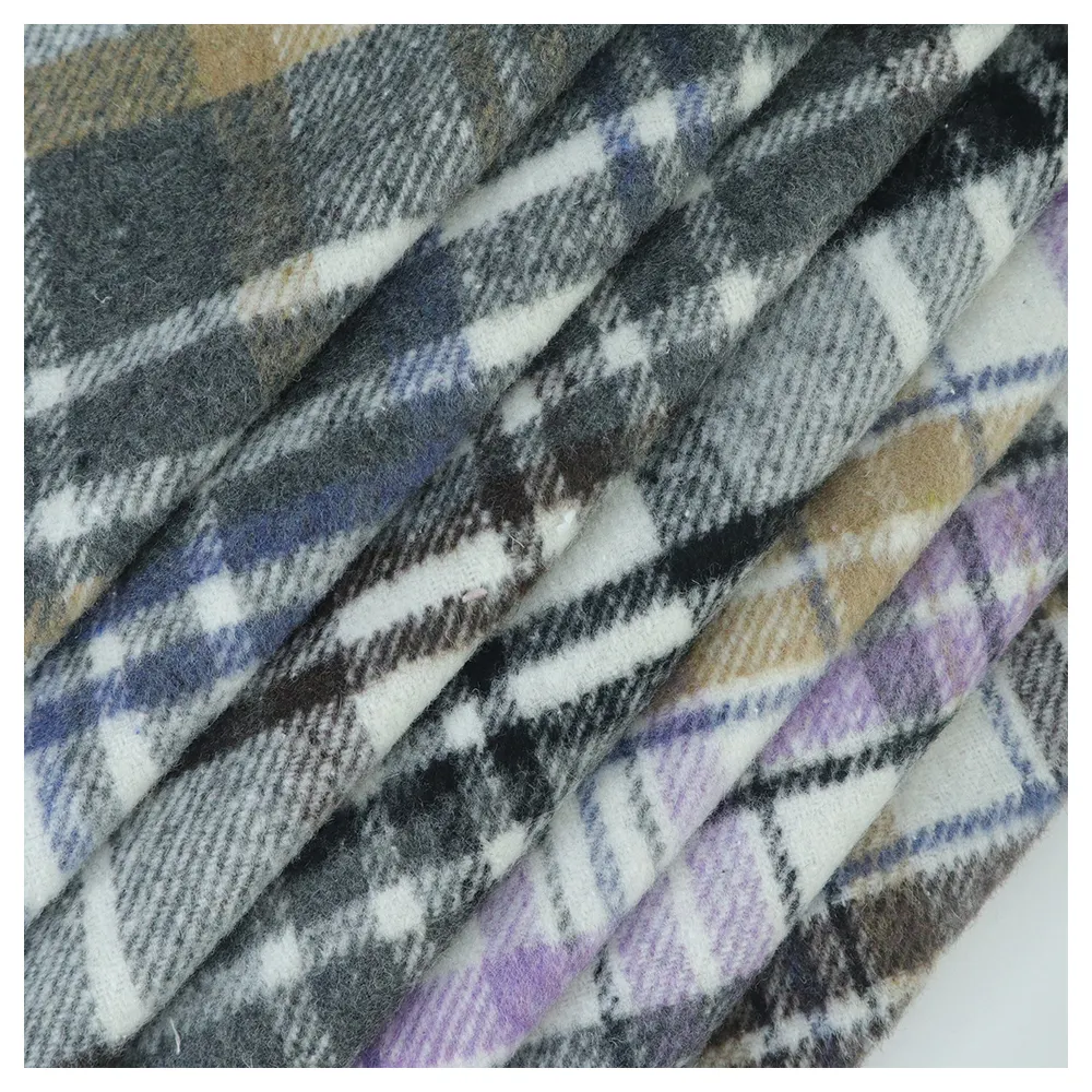 Wholesale fabrics tartan plaid woven wool tweed woolen brush fabric polyester for winter overcoat