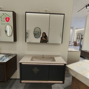 Meuble de salle de bain noir de luxe avec miroir de rangement, lavabo mural en or rose givré - Product Image 4