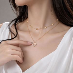 Nouveau Collier Pendentif Cœur en Alliage Tendance, Double Couche, Sertissage Griffe de Strass et Zircon, Bijoux d'Anniversaire US - Product Image 4