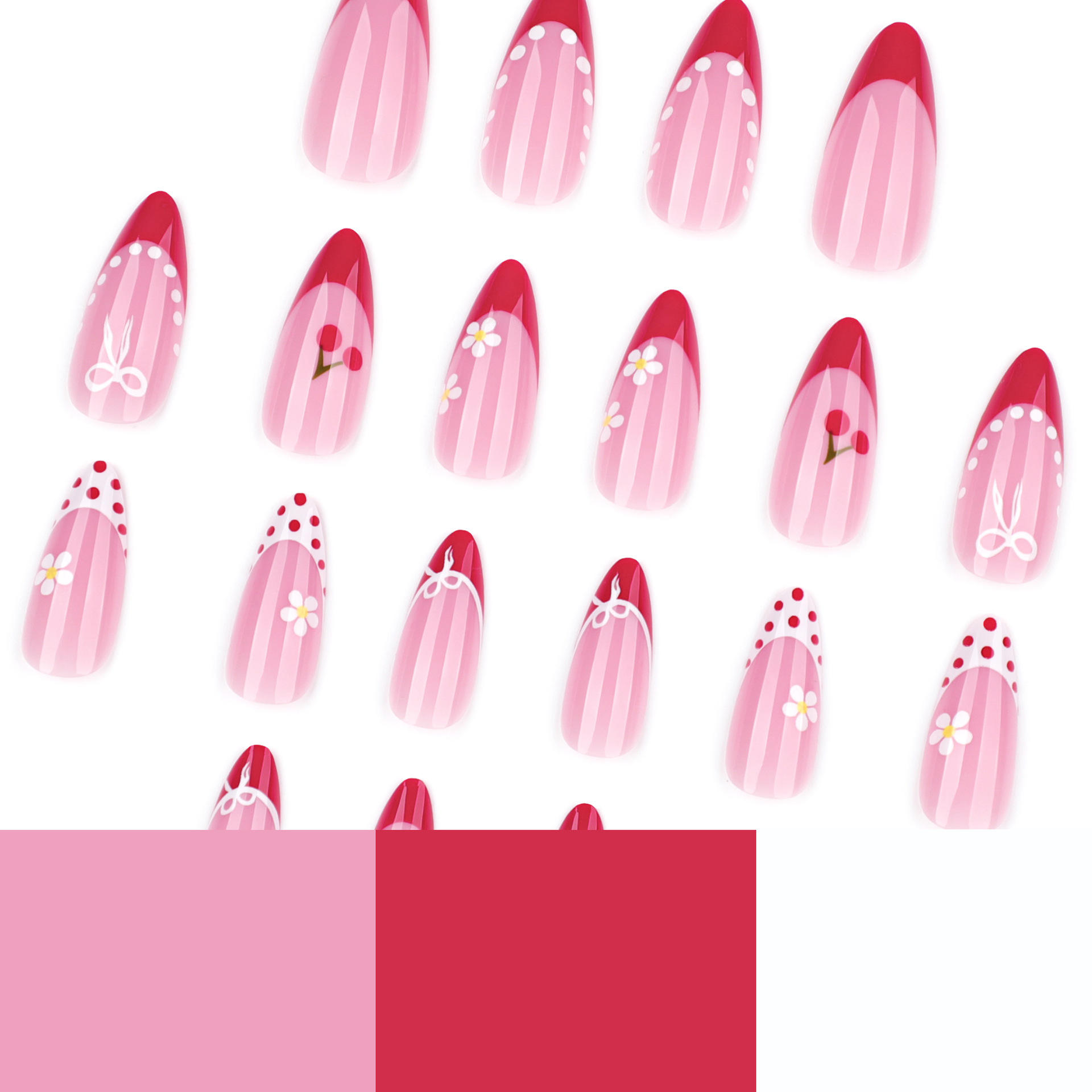 Cherry Red French Style Almond 24pcs Machine-Made & Half Handmade Nails Press-On False Fingers Wholesale Nails