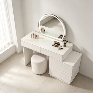 Juego de tocador extensible blanco mate liso con espejo LED redondo, cómoda lateral y taburete cilíndrico a rayas para dormitorio - Product Image 6
