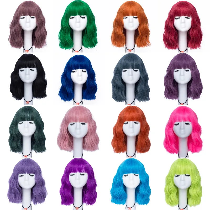 Short Curly Blue Bobo Synthetic Cosplay Wigs for Women Orange Red Green Natural Heat Resistant Hair with Bang for Girl