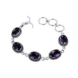 Vintage 925 Silver <b>Amethyst</b> <b>Bracelet</b> Bezel Setting Chain Link Women's Everyday Wear Jewelry - Product Image 1