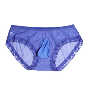 Men Transparent Lace Briefs Mid-Rise Breathable Solid Color Erotic Underwear Purple - Product Image 5