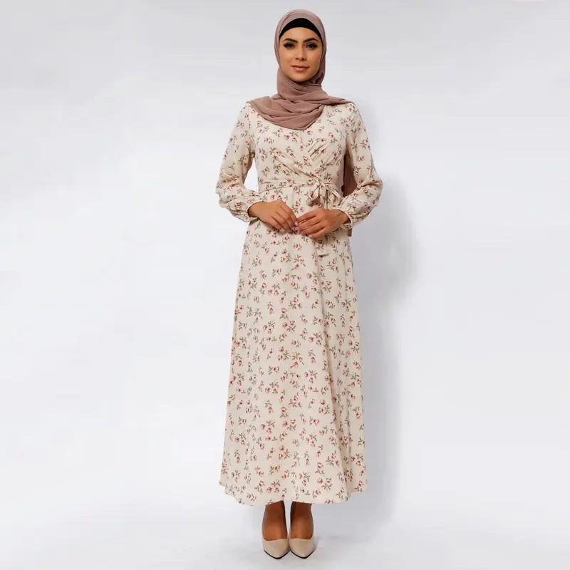 Vestido largo de gasa con estampado floral para mujer, vestido largo musulmán de manga larga con estampado floral de pétalos de marfil e informal, venta al por mayor