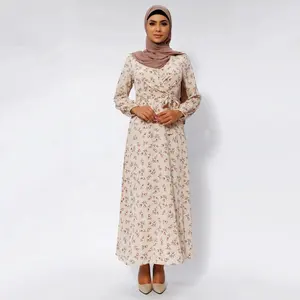 Wholesale casual petal Ivory chiffon dress modest fully lined long sleeves muslim maxi floral dresses