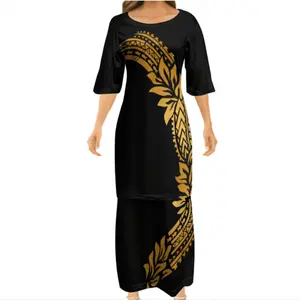 New Style Custom Black Golden Polynesian Tribal Tatau Pattern Maxi Dress Samoan Puletasi Ptaha Plus Size Dresses Big People 9XL