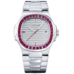 Montre mécanique automatique de luxe pour homme, boîtier en forme de coussin, bracelet en acier inoxydable, lunette sertie de pierres rouges, cadran entièrement serti de diamants, cadran lumineux - Product Image 1