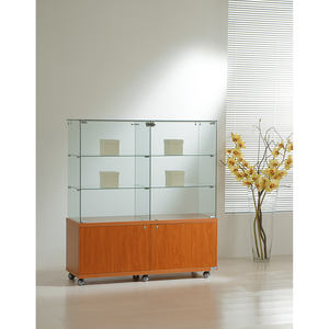 Vitrine moderne en verre 120x40x130 cm avec base en bois de cerisier, portes et étagères verrouillables pour rangement dans le salon - Product Image 1