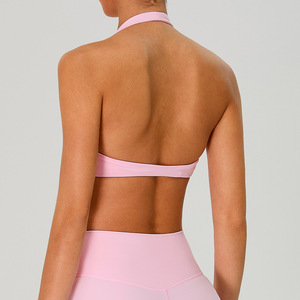 Women Deep U Halter Neck Sports Bra Solid Low Back Removable Padded Yoga Crop Top Low Impact Pilates Fitness Workout Bra OEM ODM - Product Image 2