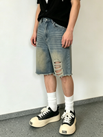 Nouveaux shorts en jean pour homme, style vintage, délavé, fortement déchiré, streetwear, coupe ample, jorts à ourlet brut, demi-pantalon