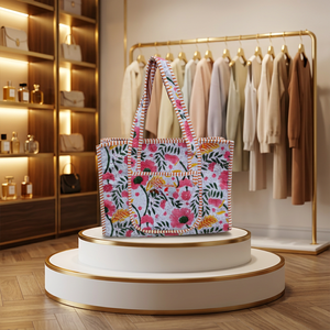 Bolso de Playa Bohemio Acolchado con Estampado a Mano, Estilo Riviera, para Mujer, Color Sólido, Cierre Abierto, Tela de Algodón - Product Image 2