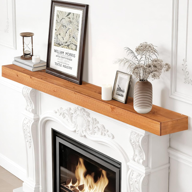 Solid Wood Fireplace Mantel Shelves Floating Mantel Shelf Farmhouse Wall Shelf with Invisible Brackets Heavy Duty Capacity
