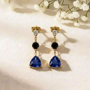 Blue Sapphire Trillion Cut <b>Earrings</b> with Black Obsidian Gemstone Drop Elegant CZ Accent <b>Dangle</b> <b>Earrings</b> in Handmade Fine Jewelry - Product Image 5