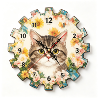Horloge murale en bois en forme d'engrenage, motif chat et fleurs, affichage à aiguilles, silencieuse, décorative, pour salon et décoration intérieure