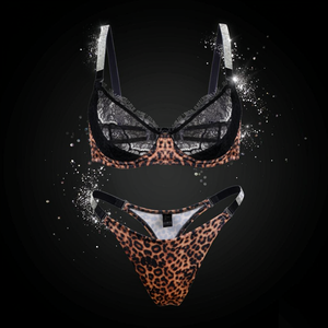 Completo Intimo Sexy in Raso con Stampa Leopardata e Pizzo, <span class=keywords><strong>Reggiseno</strong></span> con Ferretto e Coppe Trasparenti, Spalline <span class=keywords><strong>Argento</strong></span> Scintillanti, Due Pezzi - Product Image 3