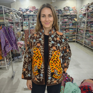 Embroidered Velvet Safari Jacket Women's Brown Floral Pattern Button up Collar Full Sleeve Breathable Autumn Coat <b>Gift</b> <b>for</b> <b>Her</b> - Product Image 1