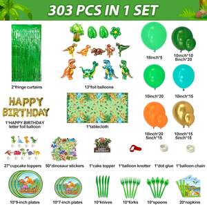 อุปกรณ์จัดงานวันเกิดธีมไดโนเสาร์สำหรับเด็ก ประกอบด้วยลูกโป่งฟอยล์รูปไดโนเสาร์ ป้ายสุขสันต์วันเกิด ที่ปัก<span class=keywords><strong>เค้ก</strong></span> จาน ผ้าเช็ดปาก ผ้าม่าน - Product Image 4