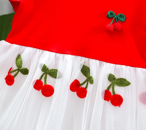 Vestito Estivo per Bambine con Maniche a Sbuffo, Abito Principessa in Tulle con Fiocco e Ricamo a Ciliegia - Product Image 5