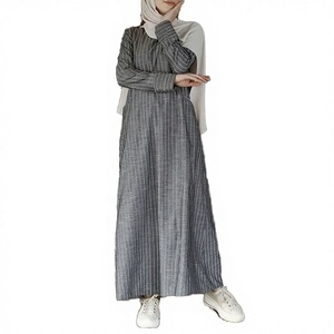 Abayas musulmanes traditionnelles en coton et lin respirant, à manches longues, col rond, coupe trapèze, longueur ras du sol, vente en gros - Product Image 3