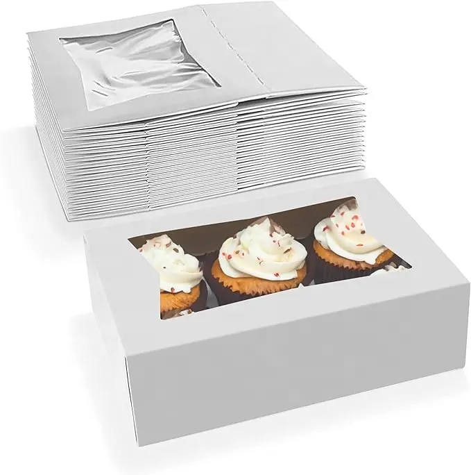 Kotak Cupcake kemasan kue kertas transparan pesta pernikahan lipat ukuran Logo kustom dengan jendela