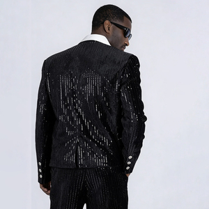 Blazer Monopetto da Uomo Plus Size Personalizzato ODM, Nuova Tendenza, con Paillettes Lucide, Strass Neri e Perline Applicate a Mano, per Abiti Casual e Feste - Product Image 4