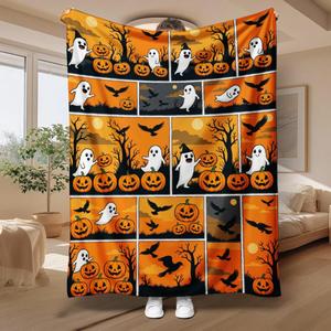 Halloween Ghost Pumpkin Witch Flannel <b>Blanket</b> Throw <b>Blanket</b> Nap <b>Blanket</b> Spooky Halloween Decor Lightweight Breathable Wholesale - Product Image 2