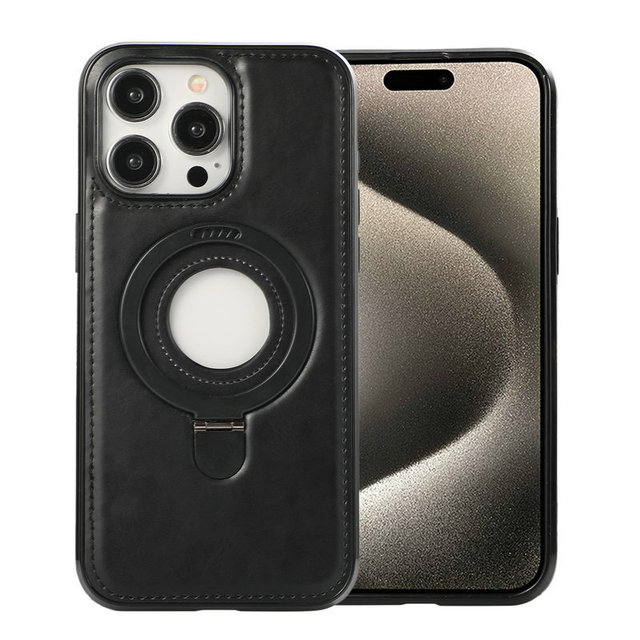 New Logo Hole Magnetic Ring Holder Kickstand PU Leather Phone Case for iPhone 15 14 13 12 11 Pro Max