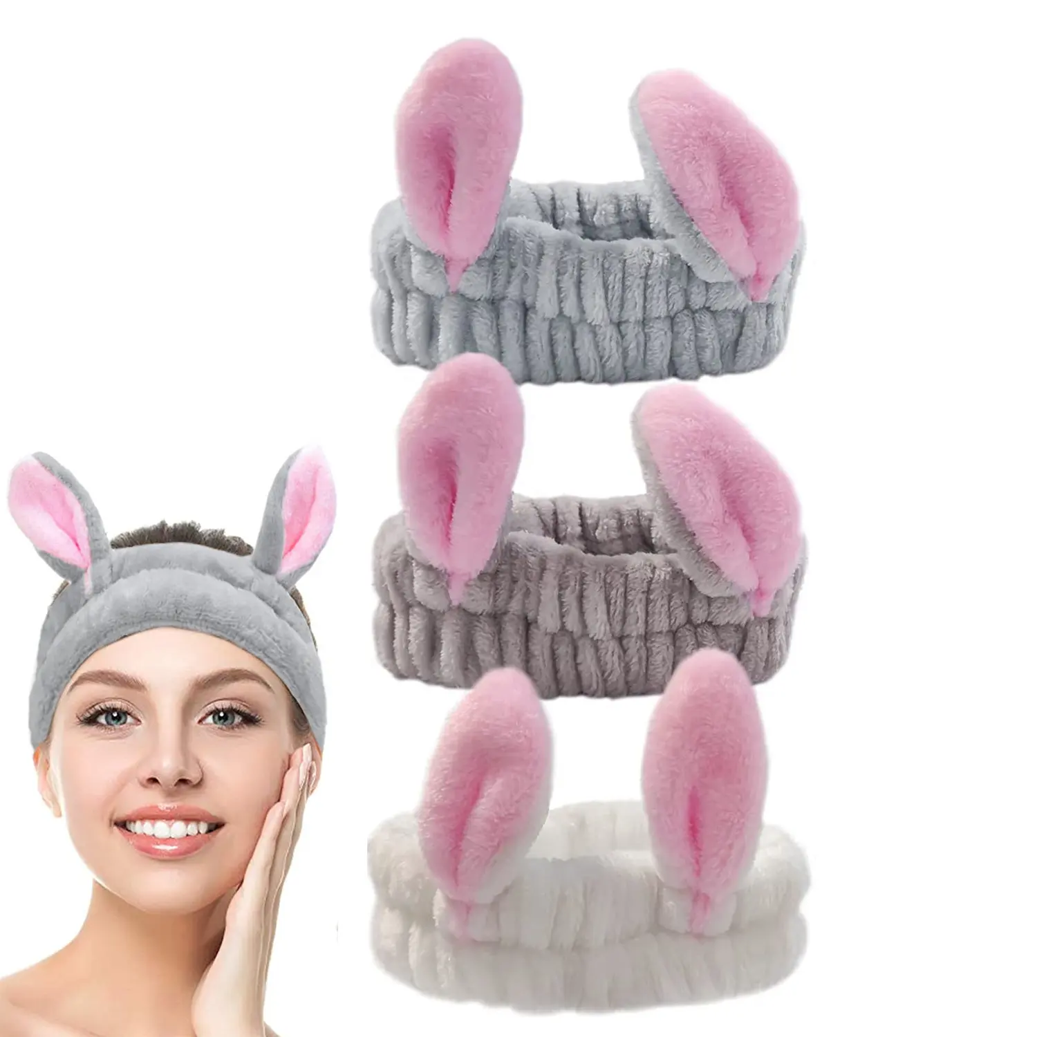 Women Bunny Ears Headband Fashionable Face Washing Hair Band Cute Hairband Fluffy Elastic Makeup Rabbit Headband