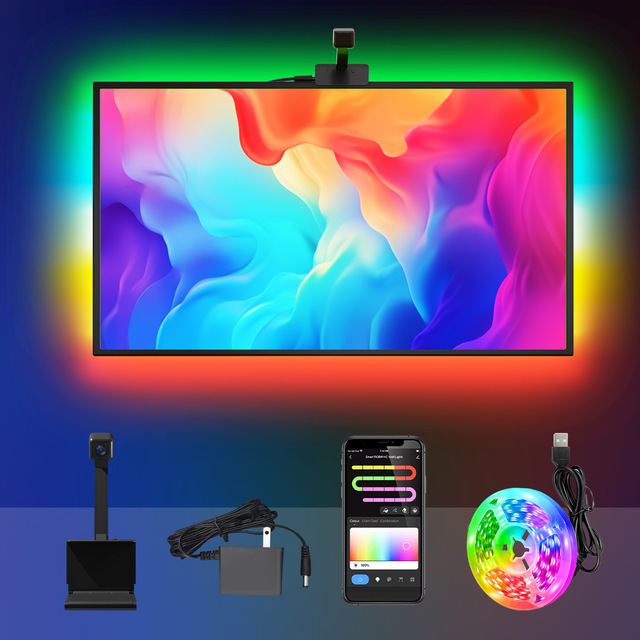 12V Camera Sync RGB LED TV Backlight Strip 1M Bluetooth 2.4G Color Sampling Dimmable Ambient Light Bar for Gaming Monitor