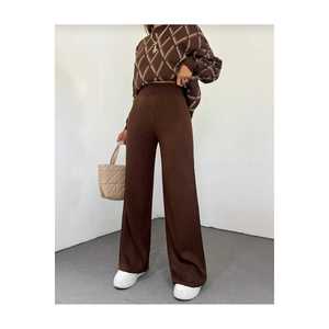 Women's Wide Leg Knitted <b>Trousers</b> <b>Elastic</b> <b>Waist</b> Comfortable Winter Wear Burgundy Color - Product Image 2