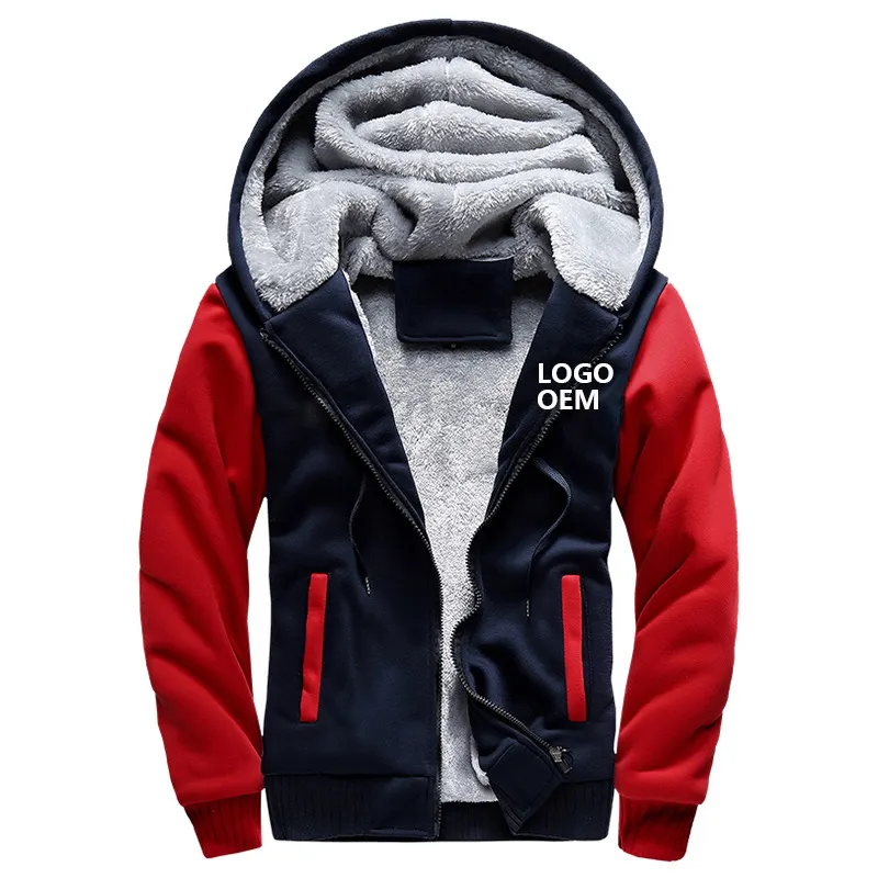 Custom Logo Cotton Polyester Zipper Hooded Jacket Men Cold Winter Super Warm Thick Fleece Lined Flannel Fur Jacket Coat