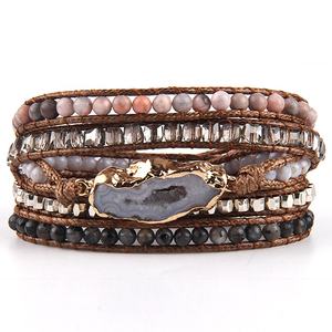 Bracelets enroulés à 5 brins en pierre naturelle de cristal carré, bijoux bohèmes tendance, cadeau de festival, pierre précieuse naturelle, faits à la main, irréguliers, druzy - Product Image 1