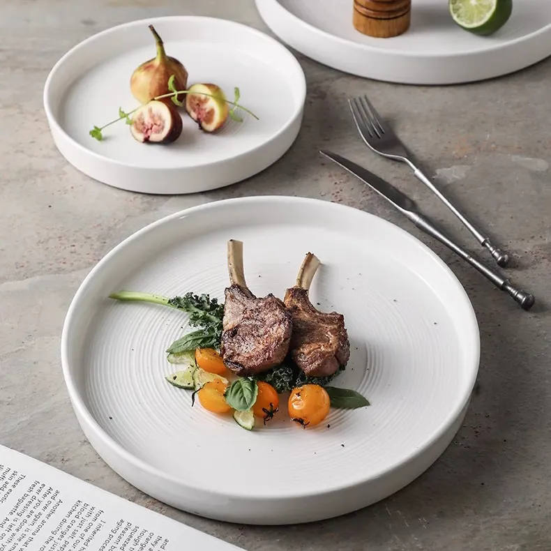 Restaurant spiral design round white wedding dessert steak porcelain dishes dinner ceramic charger plates