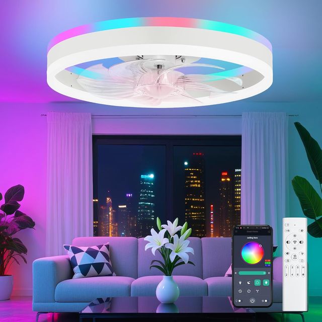 RGB LED AC Motor Low Profile Ceiling Fan 20 Inch Modern Flush Mount Fandelier Remote APP Control Dimmable Bedroom Indoor Use