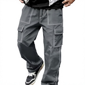 Pantalones Cargo Grises para Hombre, Cintura Elástica con Cordón, Múltiples Bolsillos, Estilo Casual, Tela de Poliéster de Peso Medio, Ropa de Invierno - Product Image 1