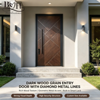 Porte d'entrée principale en aluminium à grain de bois avec grille, serrure intelligente pivotante, cadre en alliage épais ignifuge pour villa de luxe