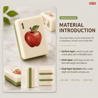 Tuiles de Mahjong américaines en acrylique double couche, thème Verger de pommes, dos vert sauge, motifs pommes rouges, symboles traditionnels