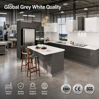 Armário de Cozinha Moderno em Aço Inoxidável Cinza e Branco, Ilha de Alto Brilho, Armários Modulares Personalizados com Pia de Mármore em Cascata, Móveis B2B
